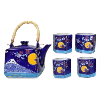 Japanese Sakura Cherry Blossom Flowers Navy Blue Ceramic Tea Pot
