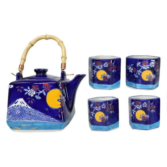 Blue Mount Fuji With Full Moon Ceramic Hexagonal Teapot With 4 Tea Cups Set