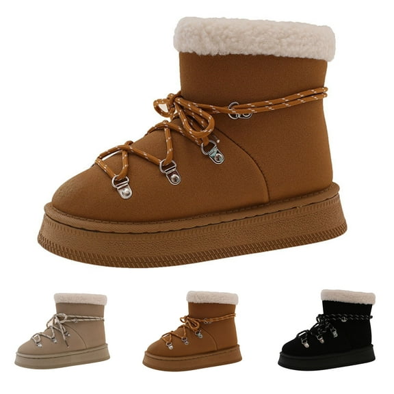 CHICVOMEY Women's Winter Snow Boots Short Ankle Booties with Fur Lace-Up Round Toe Warm Non-Slip Shoes for Cold Weather