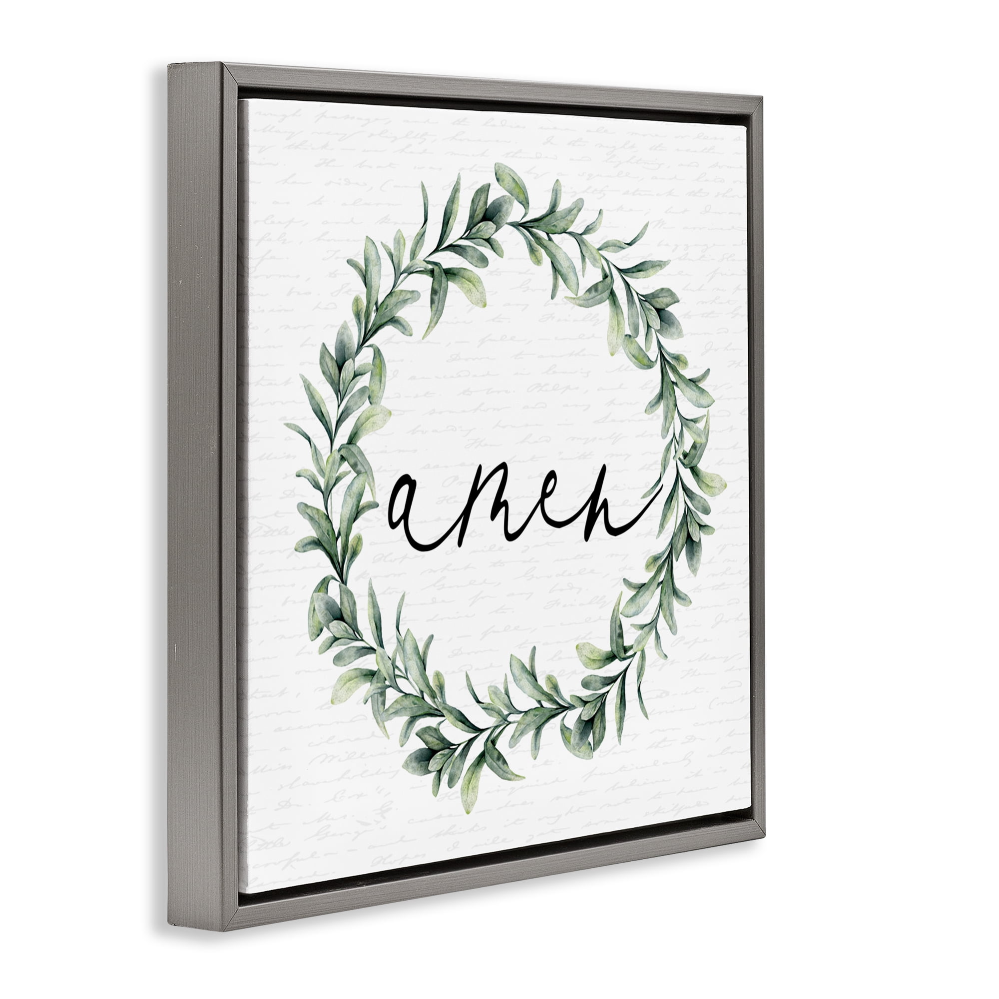 Amen Botanical Wreath & Script Gray Framed Floater Canvas Wall Art, design by Lettered and Lined