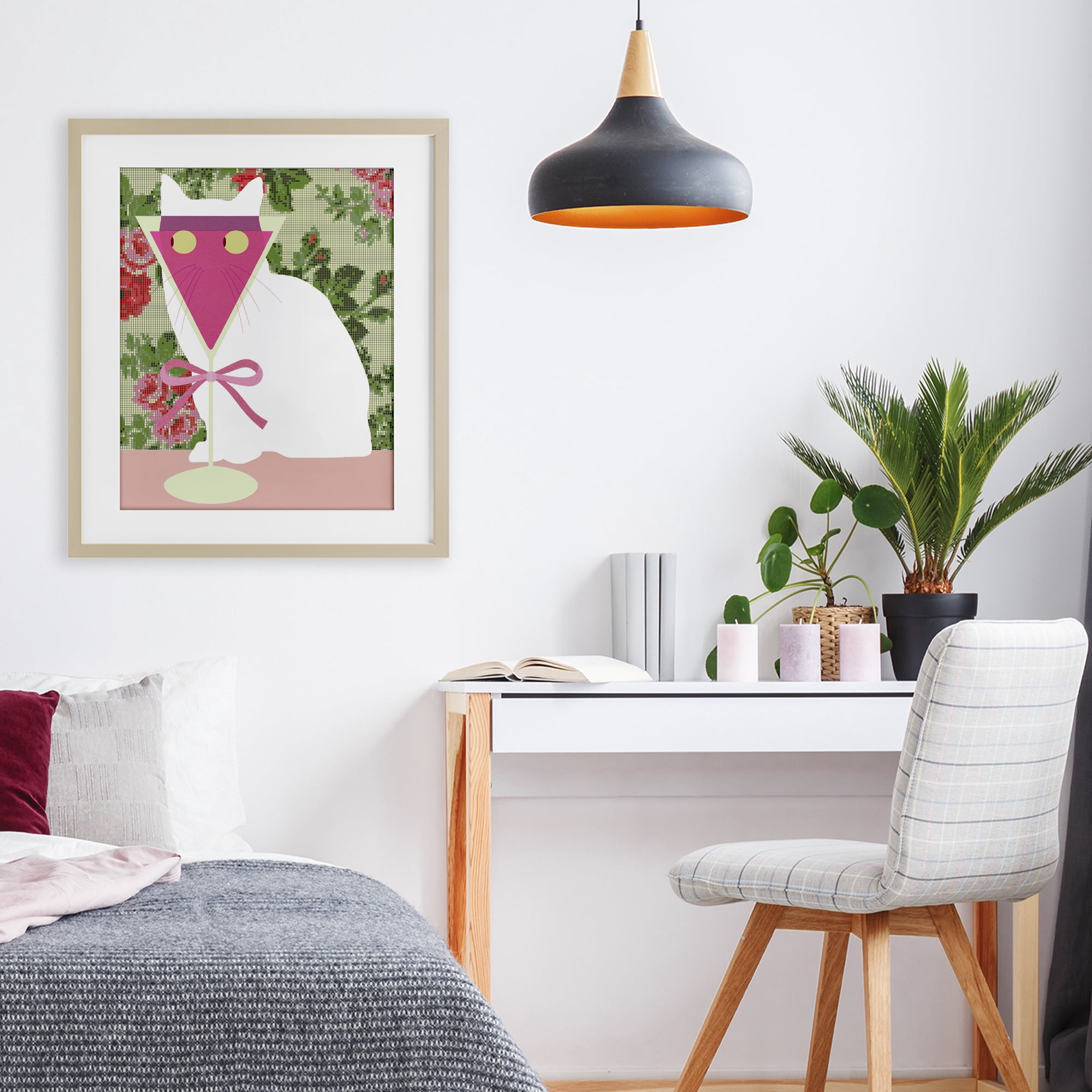 Stupell Industries White Cat with Pink Martini Birch Framed Print Under Glass, design by Lil' Rue