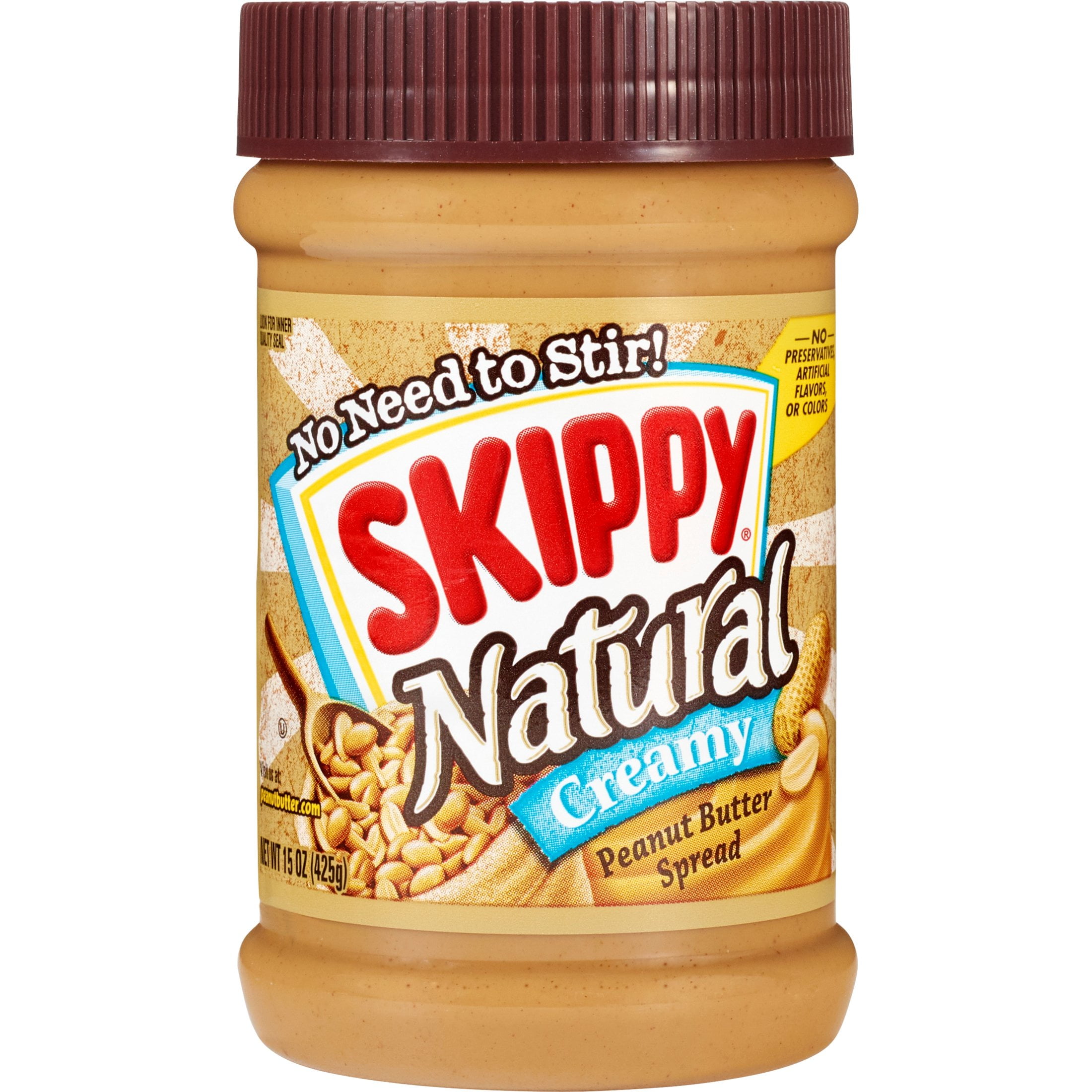 (4 pack) SKIPPY Natural Peanut Butter Spread, Creamy, 7 G Protein per Serving, 15 oz Plastic Jar