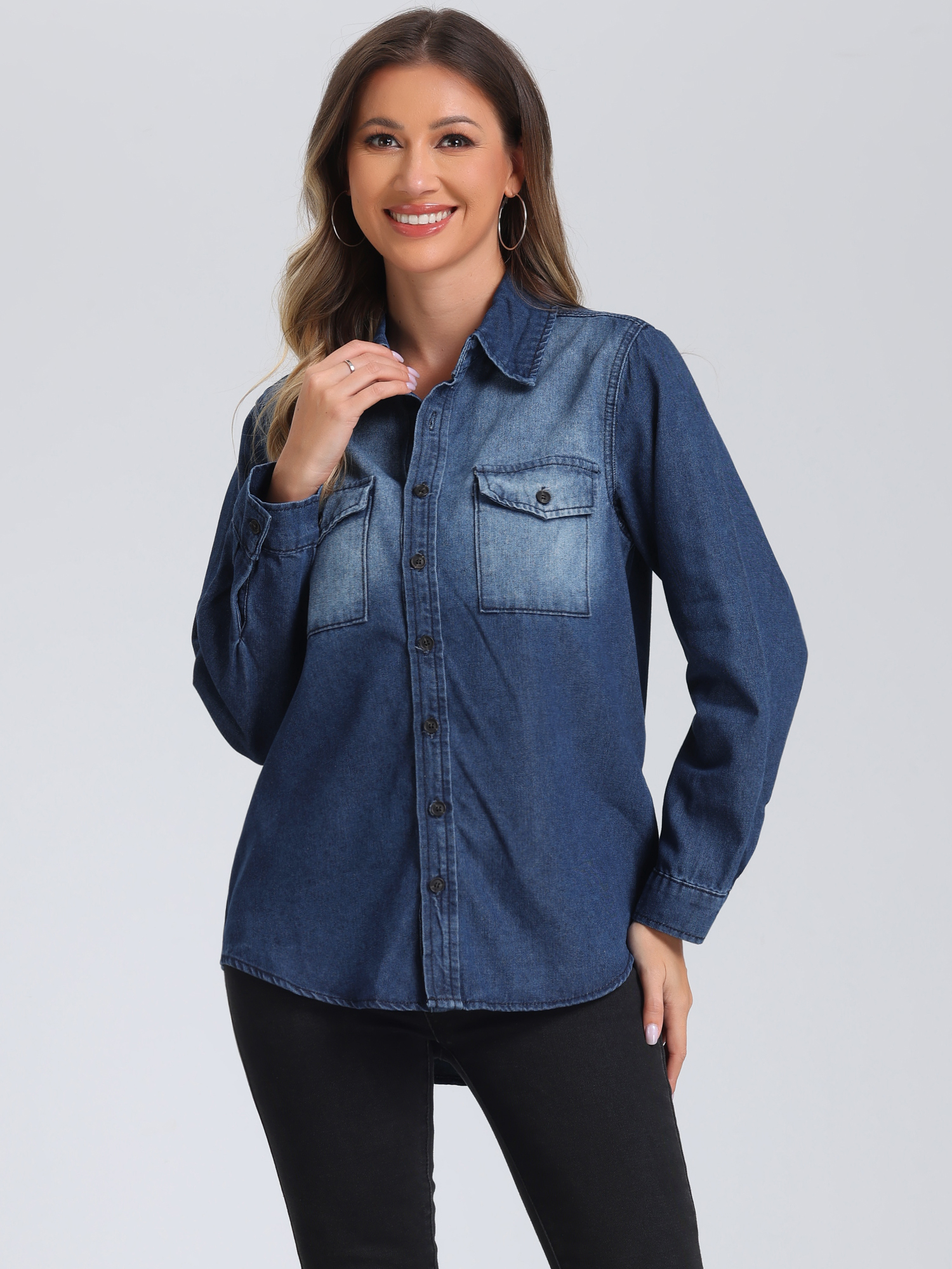 DARING DIVA Women's Trendy Long Sleeve Button Down Washed Denim Jacket L Blue