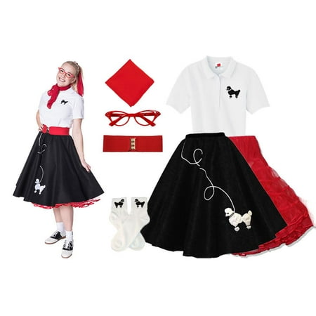 Adult 7 pc - 50's Poodle Skirt Outfit - Black w/Red Acc. / Small