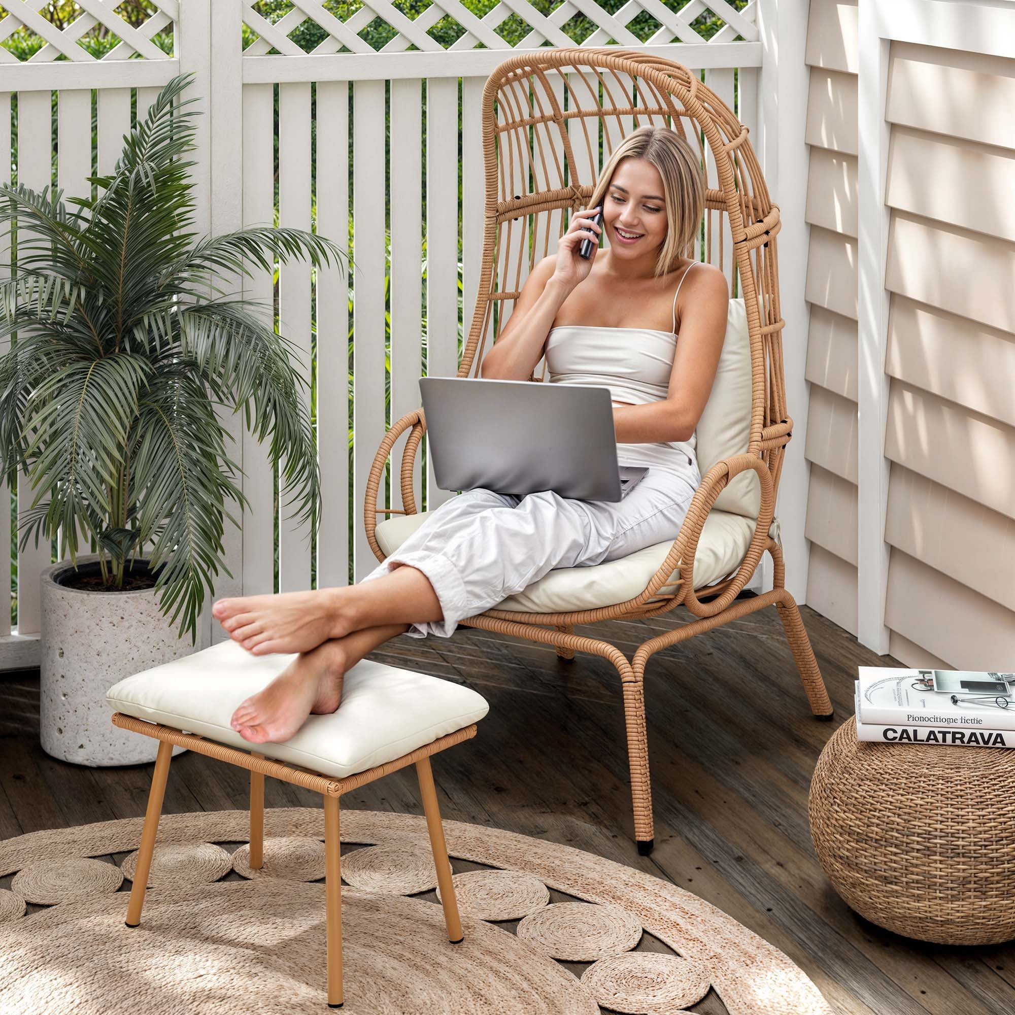 Uforic Patio Wicker Egg Chair with Ottoman, Outdoor Basket Lounge Chair with Footrest & Cushion - Beige