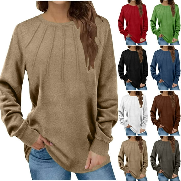 Antinious Womens Plus Size Tops Solid Long Sleeve Crew Neck Pleated Flannel Pullover Shirts,Sweatshirt for Women,Going Out Tops for Women,Black,L