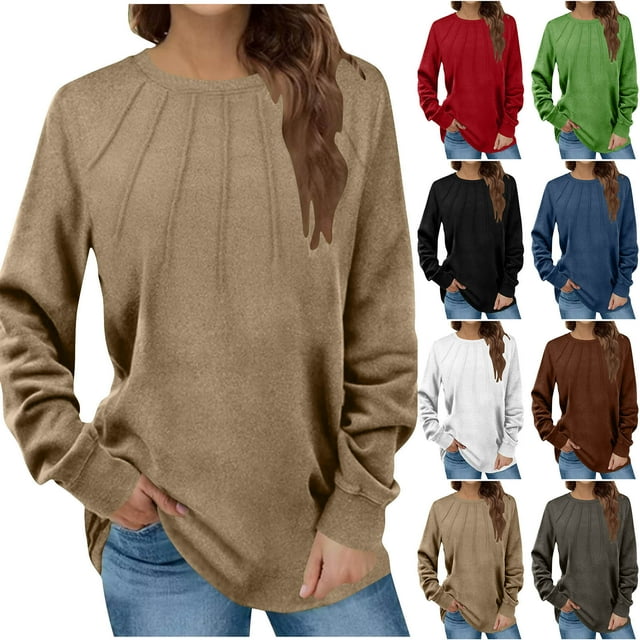 Suéteres para mujer,Top plisado de terciopelo para mujer, jersey informal de manga larga y cuello redondo, tejido de imitación de tela, para uso doméstico y diario, sopatenor
