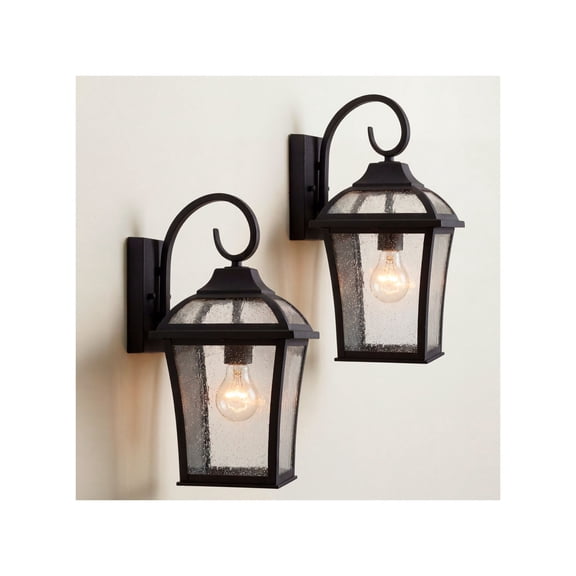 John Timberland Mosconi Rustic Outdoor Wall Lights Fixture Set of 2 Textured Black 15" Clear Seedy Glass for Post Exterior Barn Deck House Porch Yard