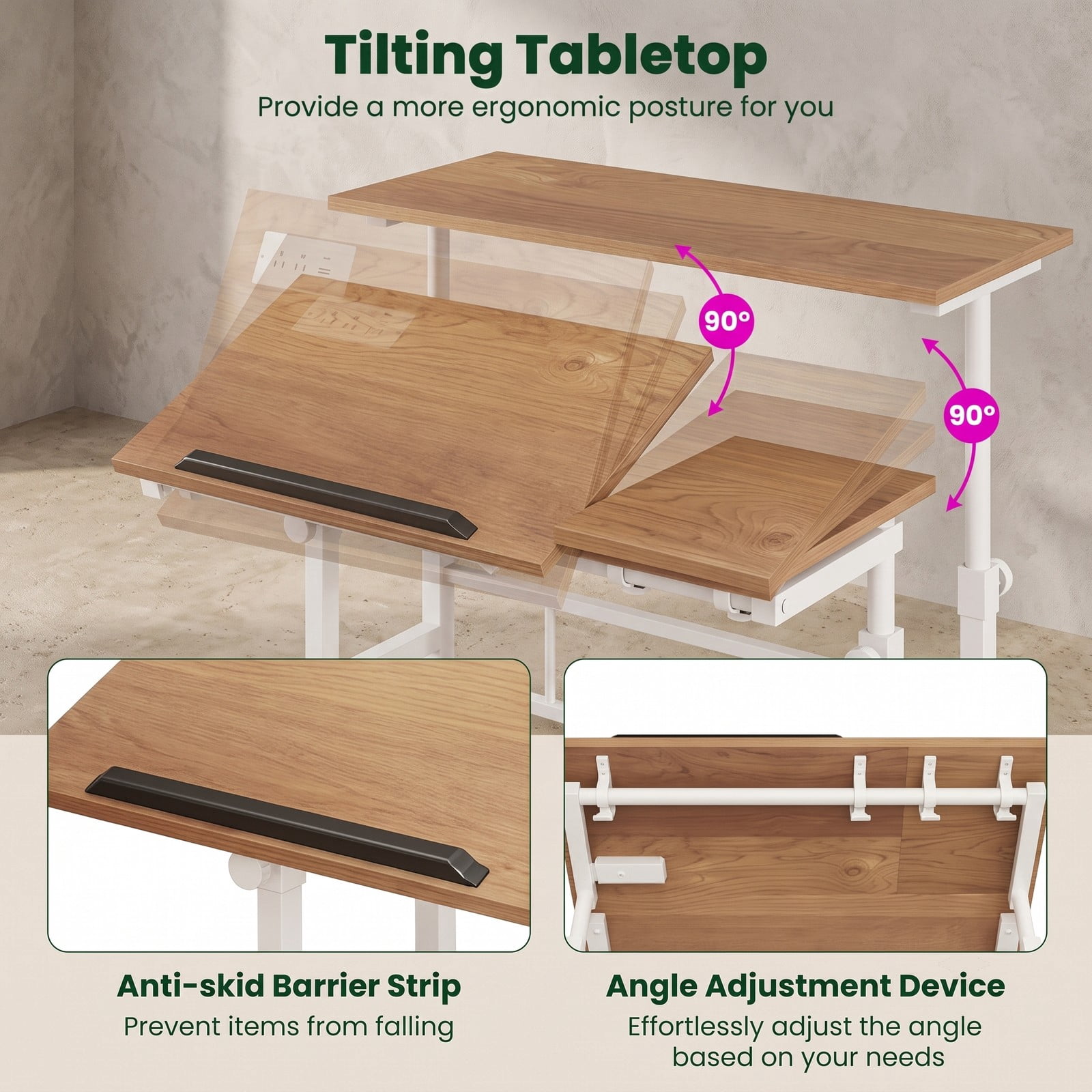 Furnibear Standing Up Desk Adjustable Mobile Computer Workstation with 2 Tilting Desktops, Rolling Sit Stand Table with Charging Station, USB & Type-C Ports, Natural