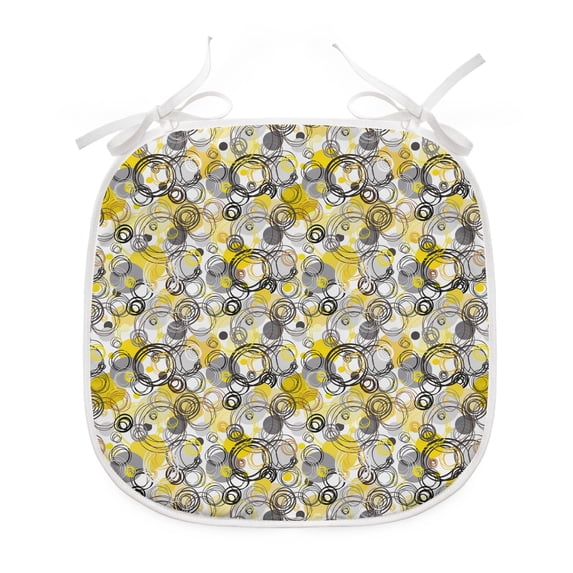 Grey and Yellow Dining Chair Pad, Hand Drawn Sketchy Geometrical Retro Modern Circles Image Illustration, Water Resistant Pillow with Straps for Kitchen Seats, 4 Pieces Set, White Beige, by Ambesonne