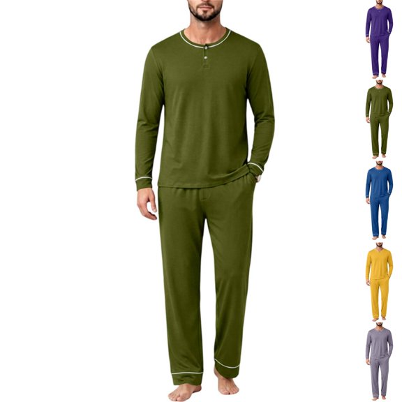 HAJWOH Mens Pajamas Set Long Sleeve Sleepwear Crew Neck 2 Piece Loungewear Nightshirt Top & Pants with Pockets