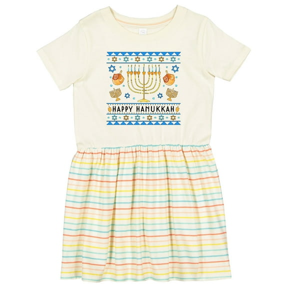 Inktastic Happy Hanukkah Sweater Style Design with Menorah and Dreidel Girls Toddler Dress