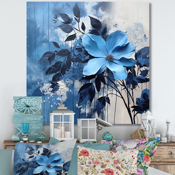Designart "Minimalist Artistry In Blue Florals" Flowers Canvas Art Print