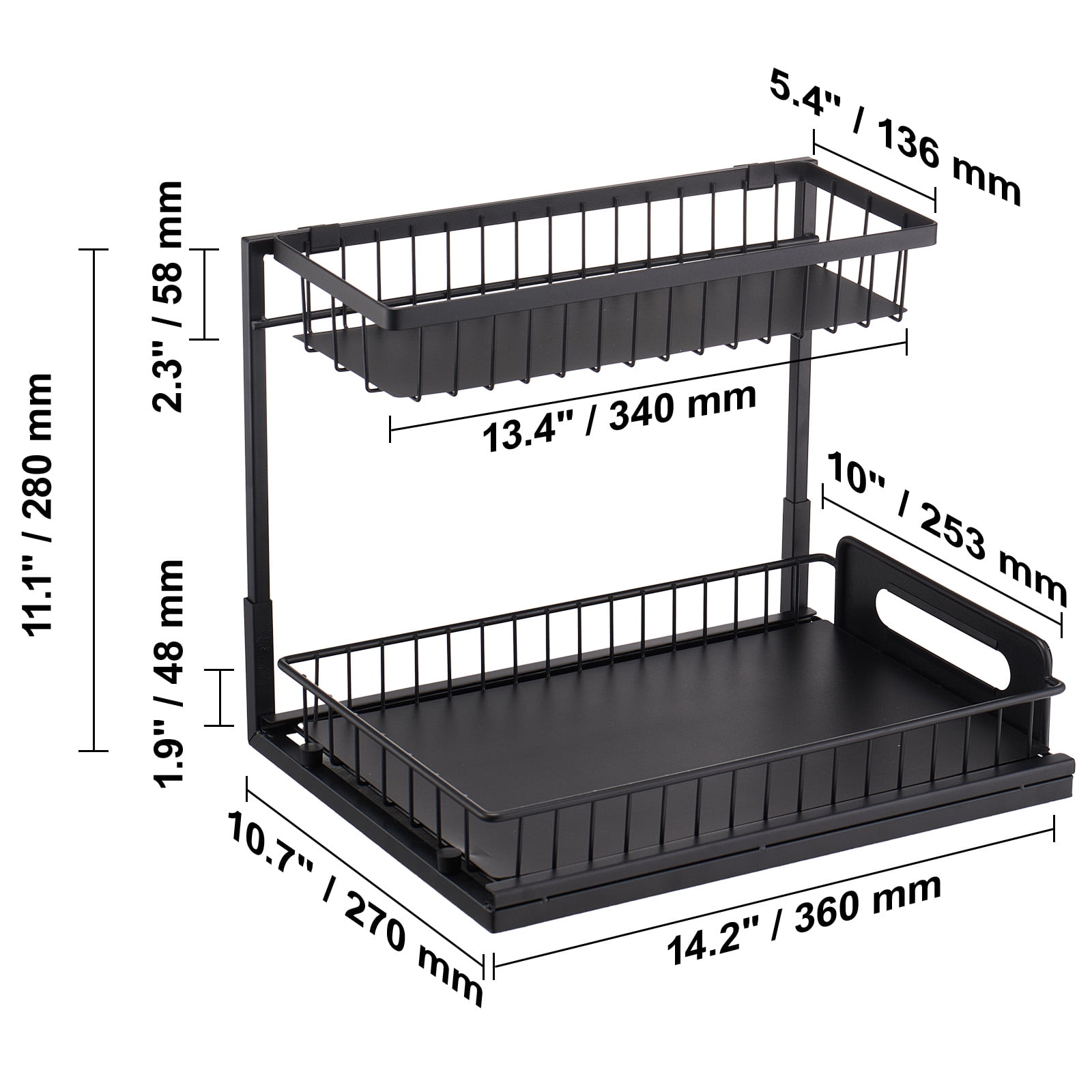 VEVOR 2 Tier Pull Out Cabinet Organizer(10.7"W x 14.2"D ), Under Sink Organizer and Storage, Slide Out Drawer Cabinet Organizer,Wire Basket Shelf, 25.5"Wx15.5"Dx13"H Install Size for Cabinet(2 Pack)