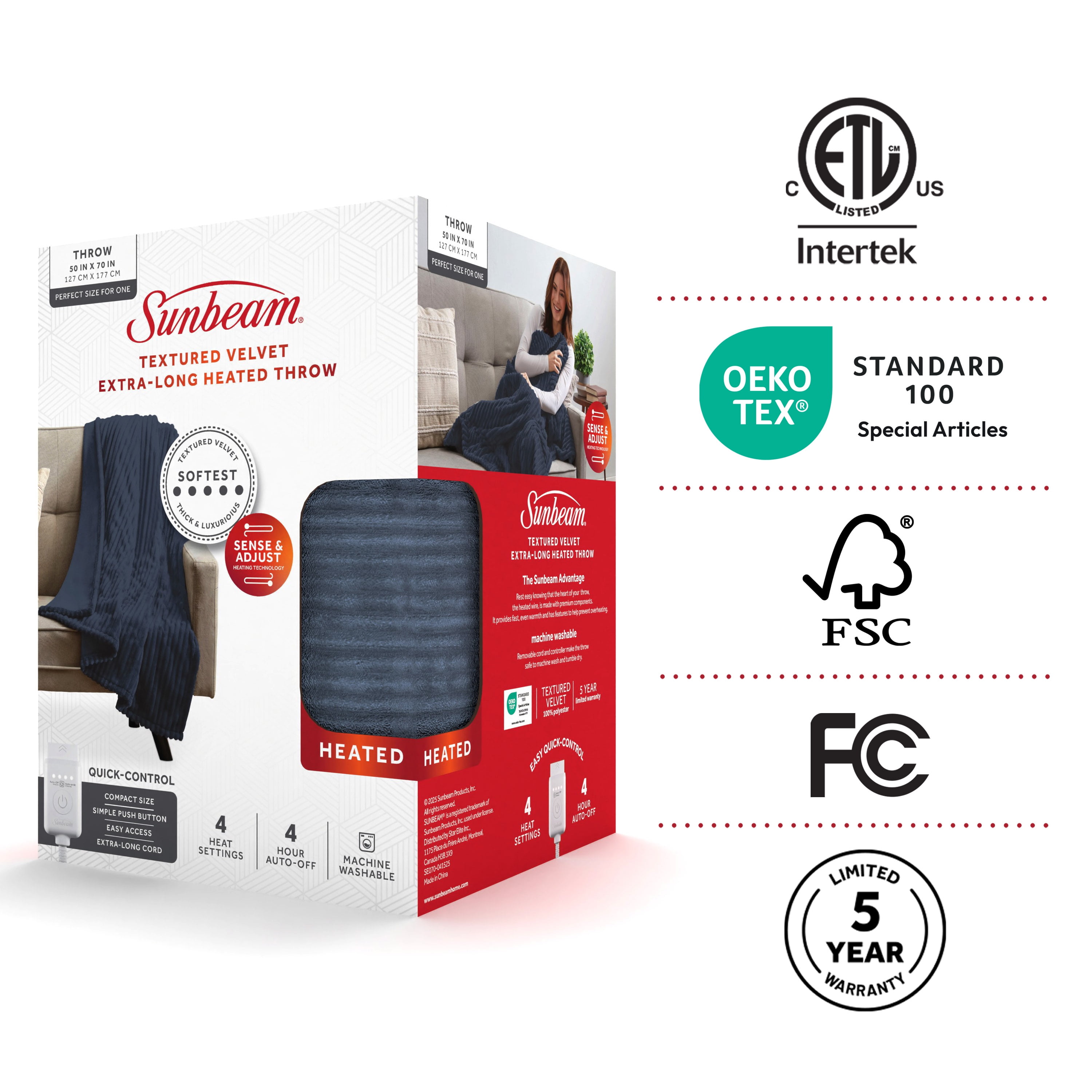 Jeté chauffant extra long en velours côtelé bleu intense quatre réglages de chaleur, arrêt automatique, 127 cm x 177,8 cm (50 po x 70 po) SUNBEAM JETE CHAUFFANT