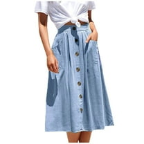 Women's Casual Pocket A-Line Mid-Length Skirt - High Waisted Loose Fit Skirt with Side Pockets for Work, School, and Everyday Comfort,Light Blue S