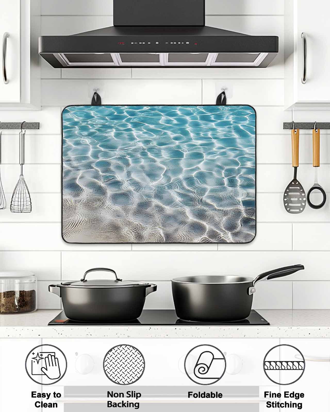 Stove Top Covers for Electric Stove 28.5x20.5 Inches, Summer Ocean Heat Insulation Fireproof Glass Cooktop Protector, Blue Water Ripple Farmhouse Texture Countertop Stovetop Cover for Kitchen