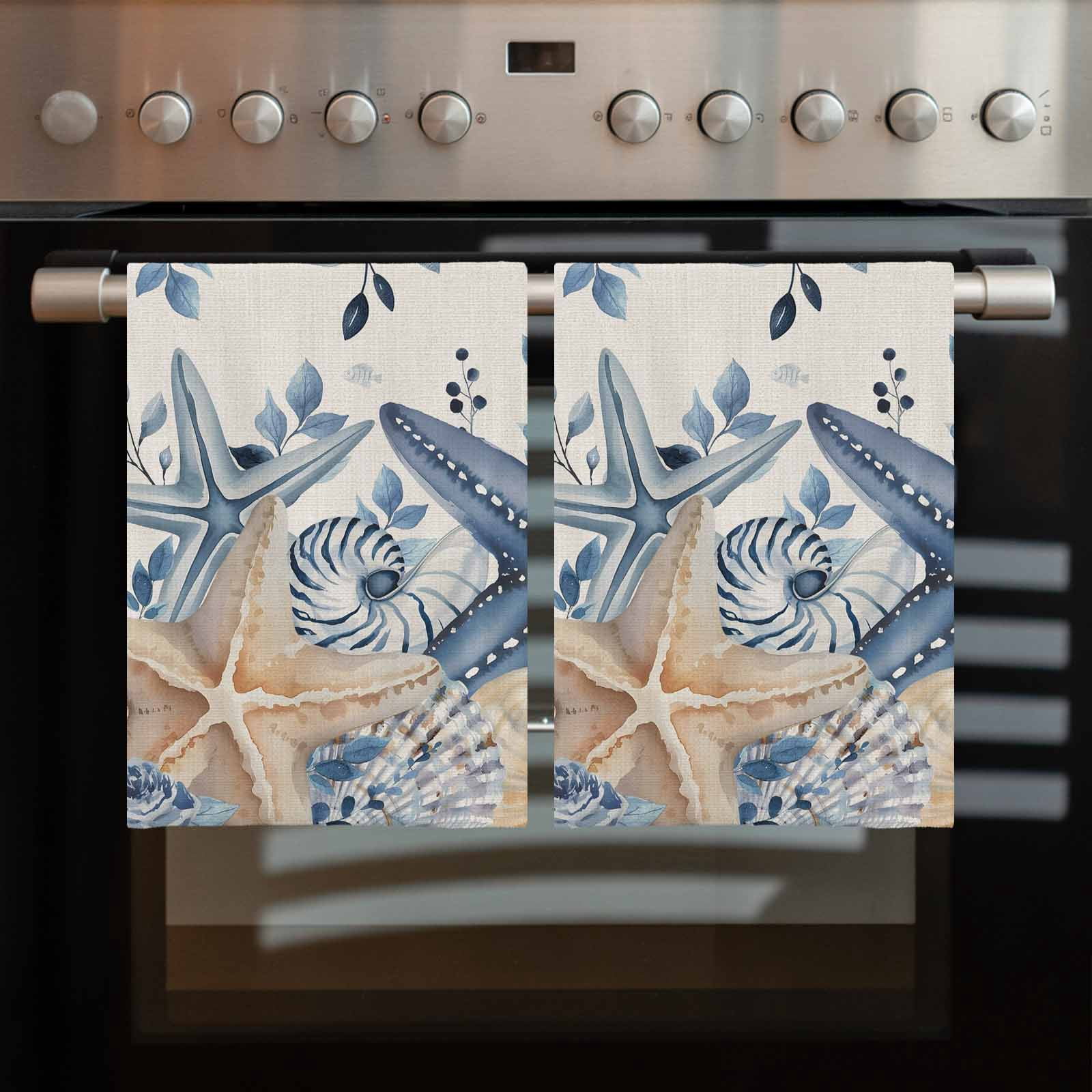 Blue Starfish Coastal Kitchen Towels Set of 4, Water Absorbent Dish Towel, Eucalyptus Summer Nautical Shell Rustic Decorative Hand Towels - Quick Drying Cloth for Cooking Baking, 18x28 Inch