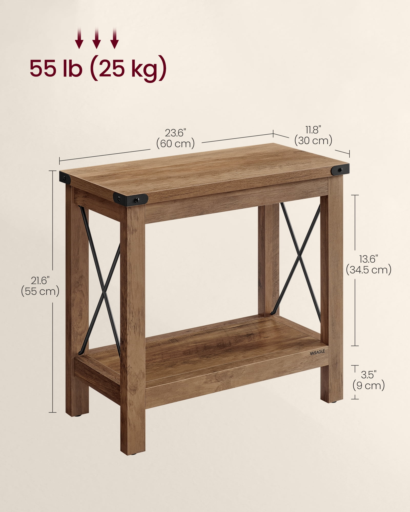 2-Tier End Table with Lower Shelf, Small Accent Table Nightstand, Rustic Farmhouse Design, Sturdy Wooden Construction – Honey Brown