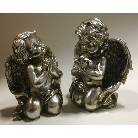 - Set of 2 Pewter Finish Inspirational Praying Cherub Angel Religious Figures 8