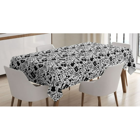 Music Tablecloth, Blues Jazz Punk Rock Various Type of Folk Indie Rap Reggae Peace Sign Sing Art, Rectangle Satin Table Cover Accent for Dining Room and Kitchen, 60" X 84", Black White, by Ambesonne