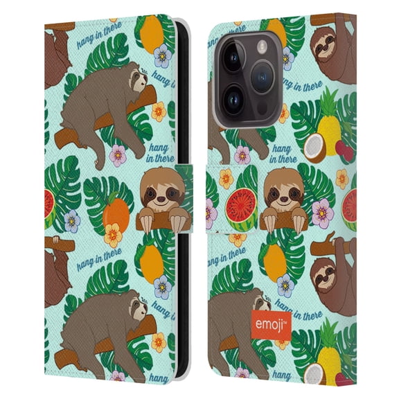 Head Case Designs Officially Licensed emoji® Sloth Tropical Leather Book Wallet Case Cover Compatible with Apple iPhone 15 Pro
