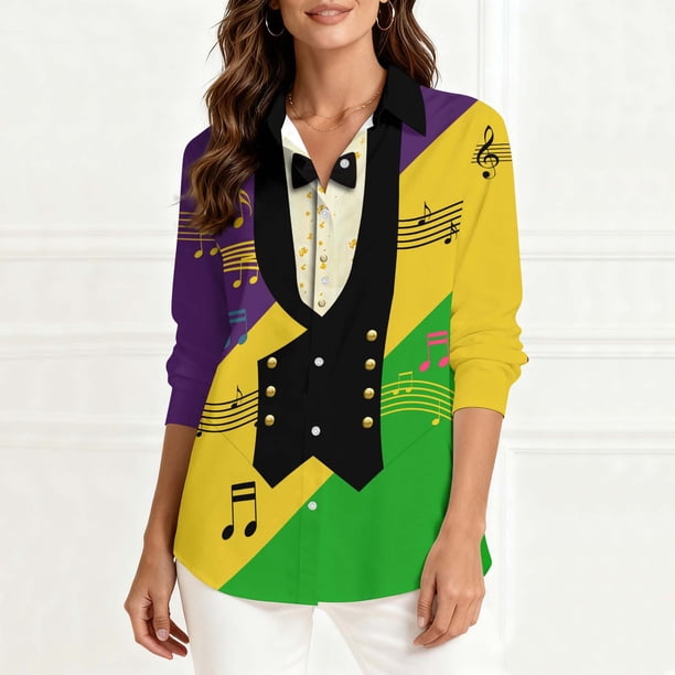 TaTaai Women's Mardi Gras Print Long Sleeve Loose Casual Shirt Unisex Lapel Button Down Blouse Fashion Holiday Top for Daily Office Party Streetwear Spring Summer Wear Gift