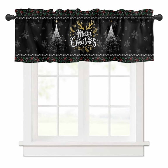 Merry Christmas Valances for Windows Snowflakes Antlers Flower Winter Black Rod Pocket Curtain Valance Window Treatment Short Curtains for Kitchen Living Room, 60"x14"