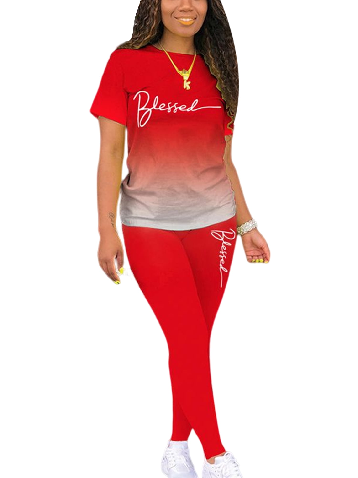 Capreze Women Workout Sets Short Sleeve Tops Long Pants 2 Piece Outfit Sport Sets Gradient