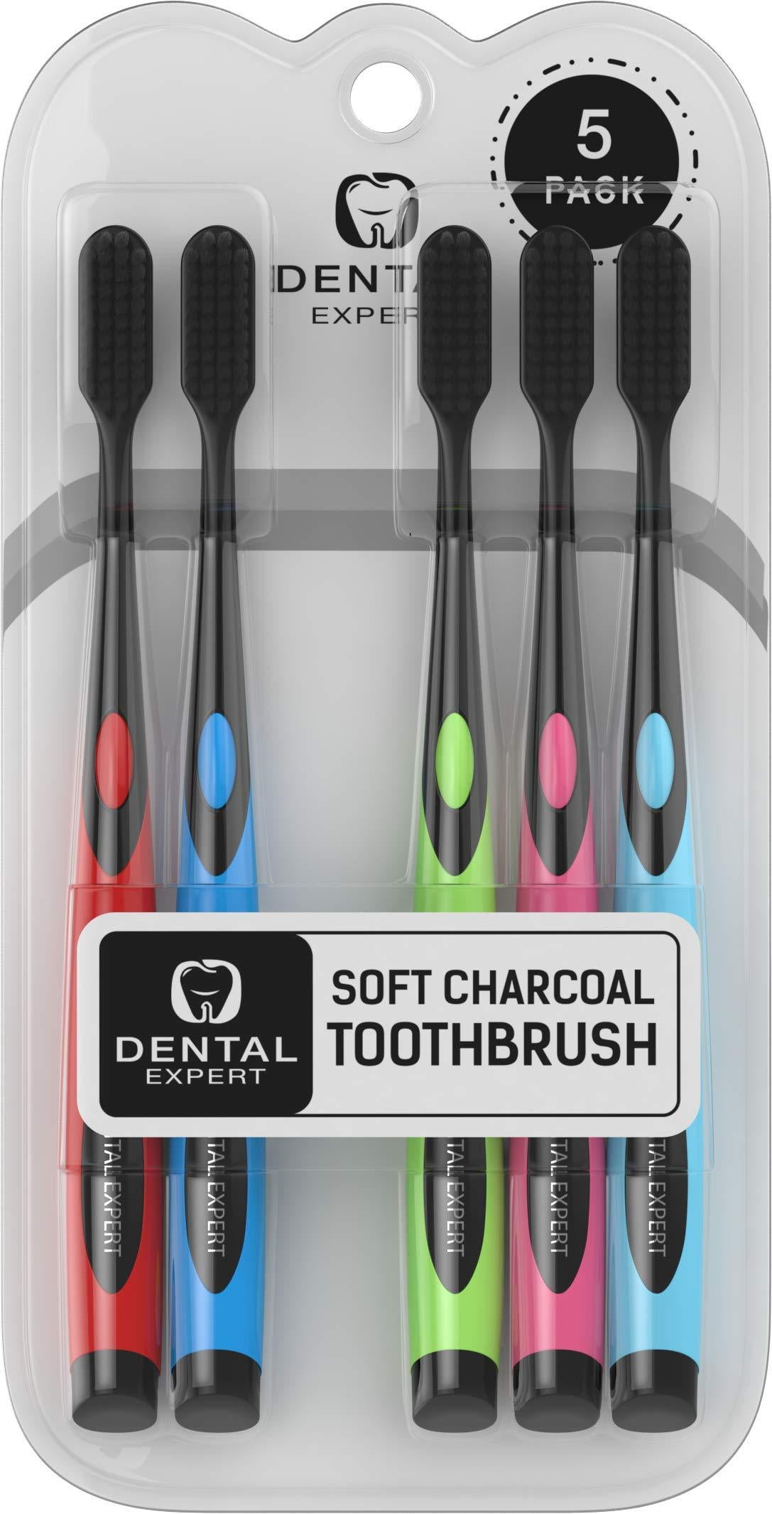 5 Pack Colorful Charcoal Toothbrush [GENTLE SOFT] Slim Teeth Head Whitening Brush for Adults & Children [FAMILY PACK] - Ultra Soft Medium Tip Bristles Multi Colour