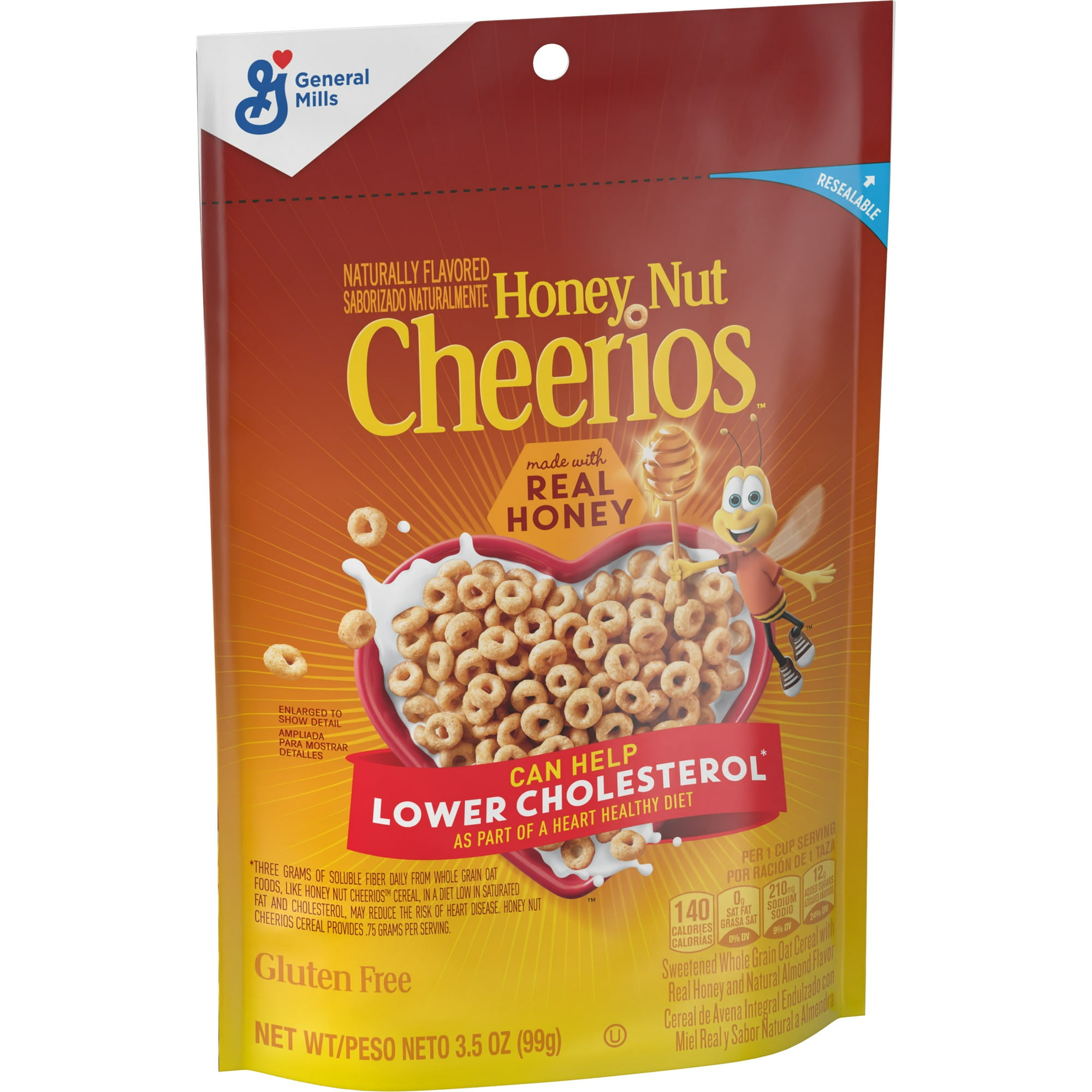 Honey Nut Cheerios, Heart Healthy Gluten Free Breakfast Cereal, Resealable Bag, 3.5 oz
