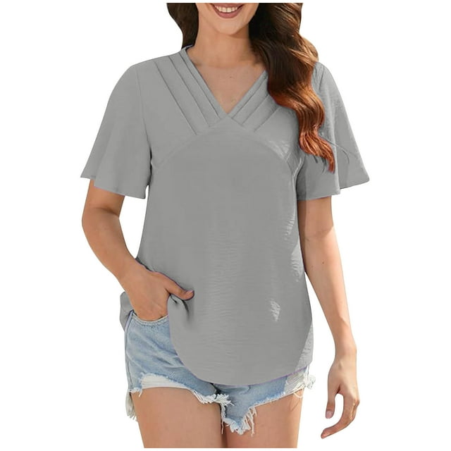 FcBaudy Hauts pour Femmes, Blouses & Chemises à Manches Courtes Col en V T-shirt Basique Décontracté Col Rond Plissé Ample en Coton Blouse pour Femmes