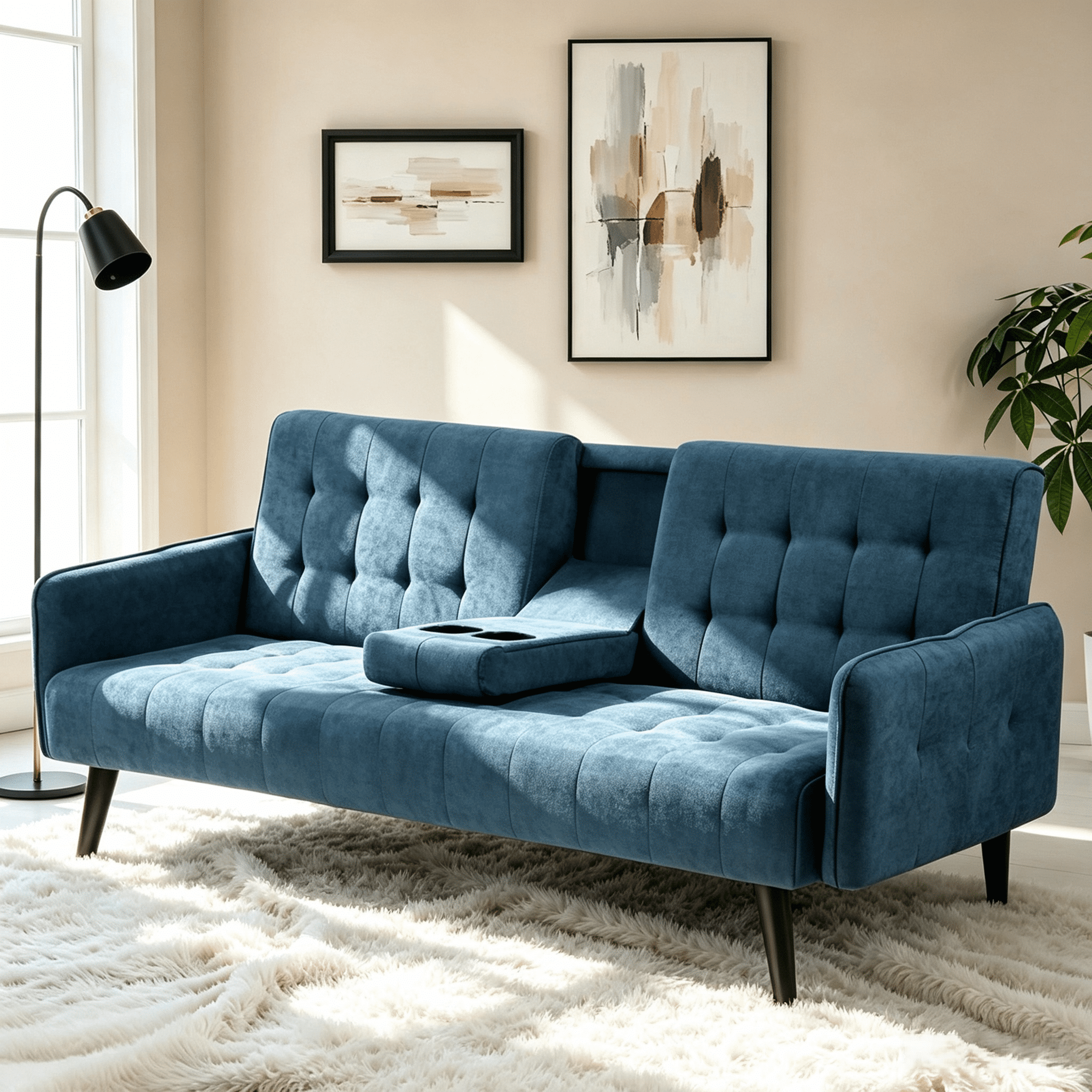 Gewnee 72" Sleeper Sofa Bed, Convertible Linen Futon Couch with Folding Backrest with Cup Holder,Modern Couch for Home and Guest Room，Blue