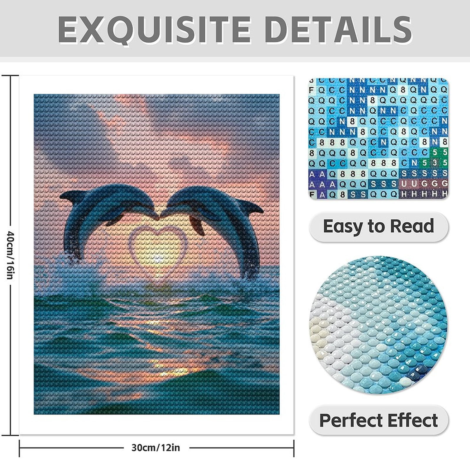 Diamond Art Kit for Adults, Dolphins Sunset Heart Ocean Love