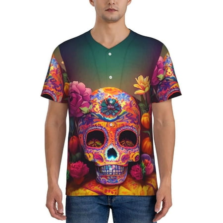 Hirioo Vintage Patterned Skull for Men s Baseball T-shirt Shirts Short Sleeve Casual Summer Button Stretch T Shirts Size S-4XL-Small