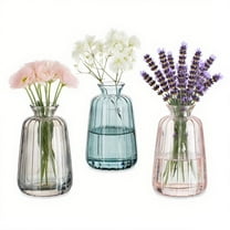 ZGDong Glass Bud Vases Set of 3, 4.52 Inch Small Ribbed Bottle Vases for Flowers in Pink Grey Green, Home Decor, Wedding, Party Centerpieces