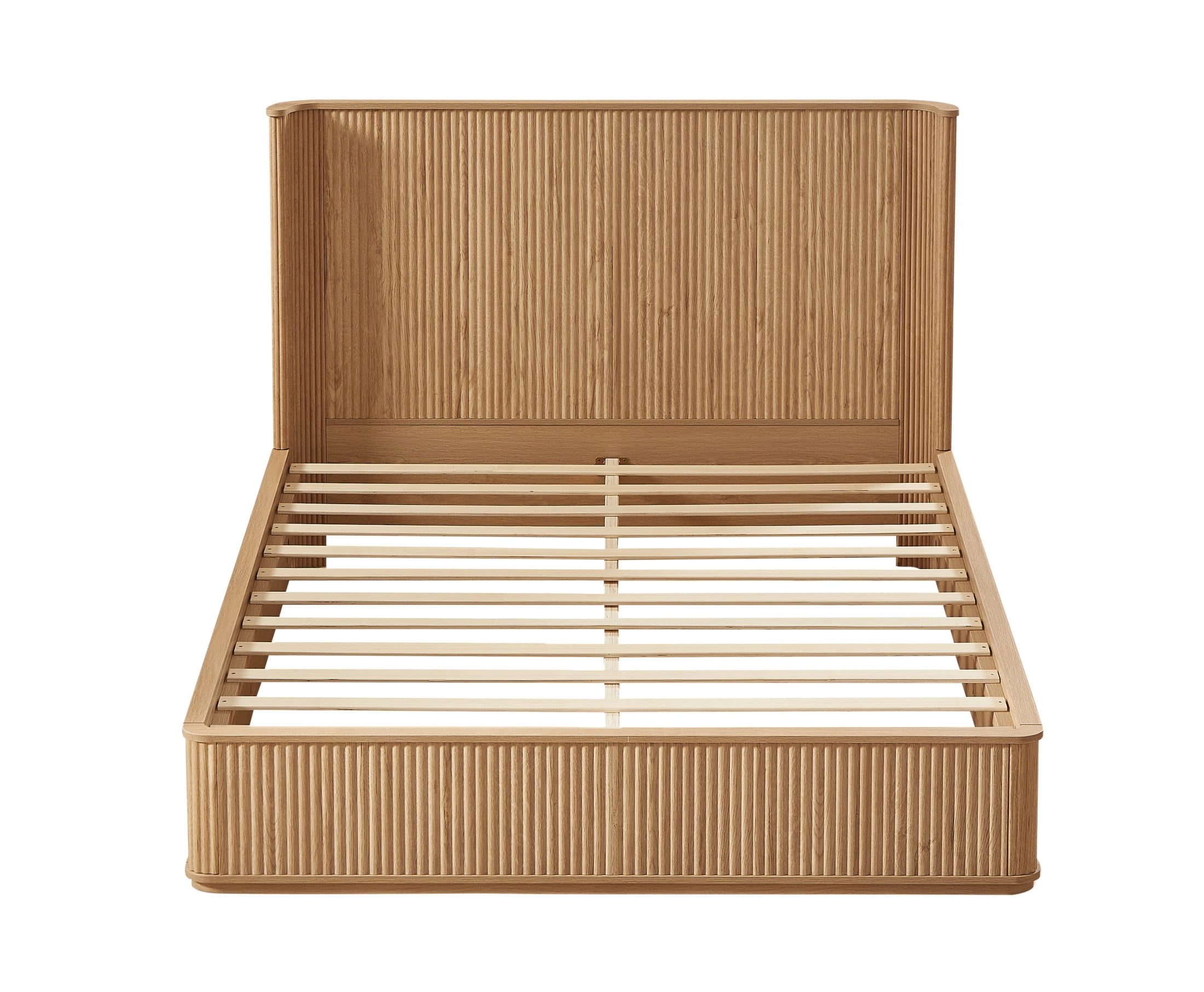 Noble House Queen Platform Bed Frame with 44.49"H Curved Headboard, Wood Slat Support, Oak