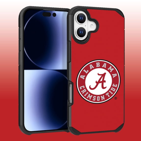 Apple iPhone 16 (6.1) - Licensed NCAA University of Alabama Crimson Tide Logo on Red Textured Dual Layer Case