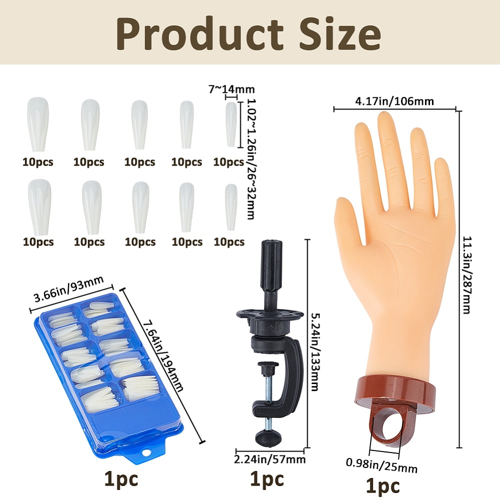 1 Bag Rubber Nail Hand Practice Model with 100Pcs 10 Size Trapezoid Plastic False Nail Tips Mixed Color 28.7x10.6x6.5cm for DIY