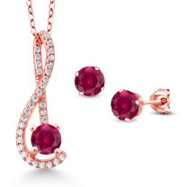 Gem Stone King 3.26 Ct Red Created Ruby White Created Sapphire 18K Rose Gold Plated Silver Pendant and Earrings Jewelry Set