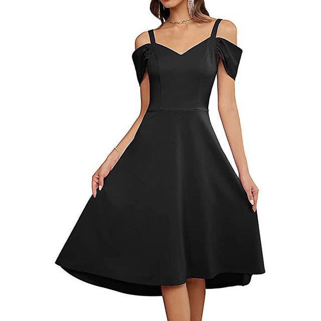 Vestido de fiesta con hombros descubiertos para mujer Vestido acampanado con dobladillo alto y bajo con cuello en V