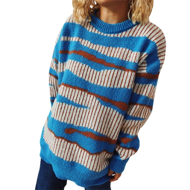 Gibobby SuéTer Para Mujer de asimétricas con bloques de Color grueso para Otoño e Invierno para mujer, suéter holgado de manga larga con cuello redondo(Azul,M)