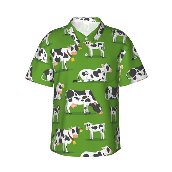 Easygdp Cows With Calfs Green for Men's Hawaiian Shirts Print Lapel Short Sleeve for Beach, vacation, party, casual occasions,Medium