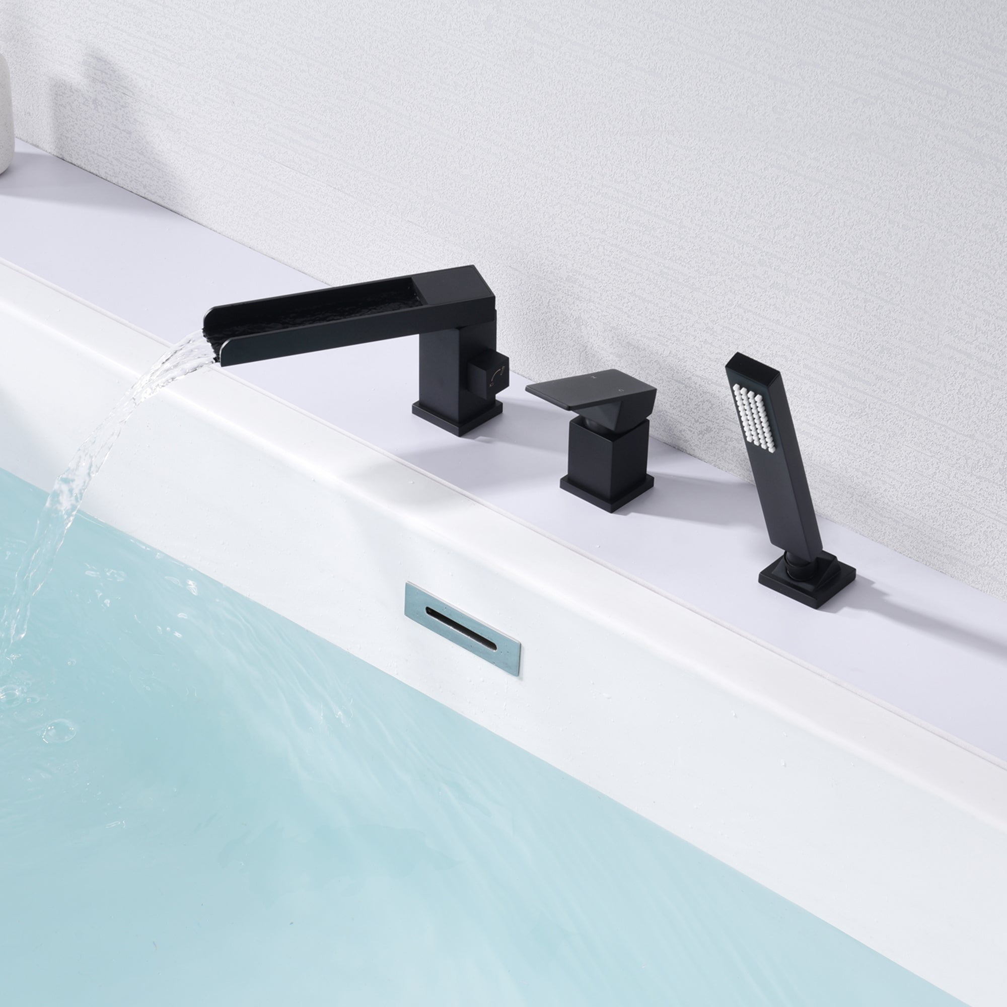 SUMERAIN 3 Hole Black Waterfall Roman Tub Faucet, Deck Mount Tub Filler with Hand Shower