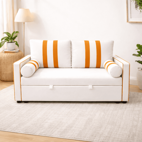 68.5 Inch Beige 2-Seater Pull Out Sleeper Sofa Bed with USB Charging Port, 3-Position Adjustable Backrest Convertible Loveseat for Living Room, Guest Room, Apartment