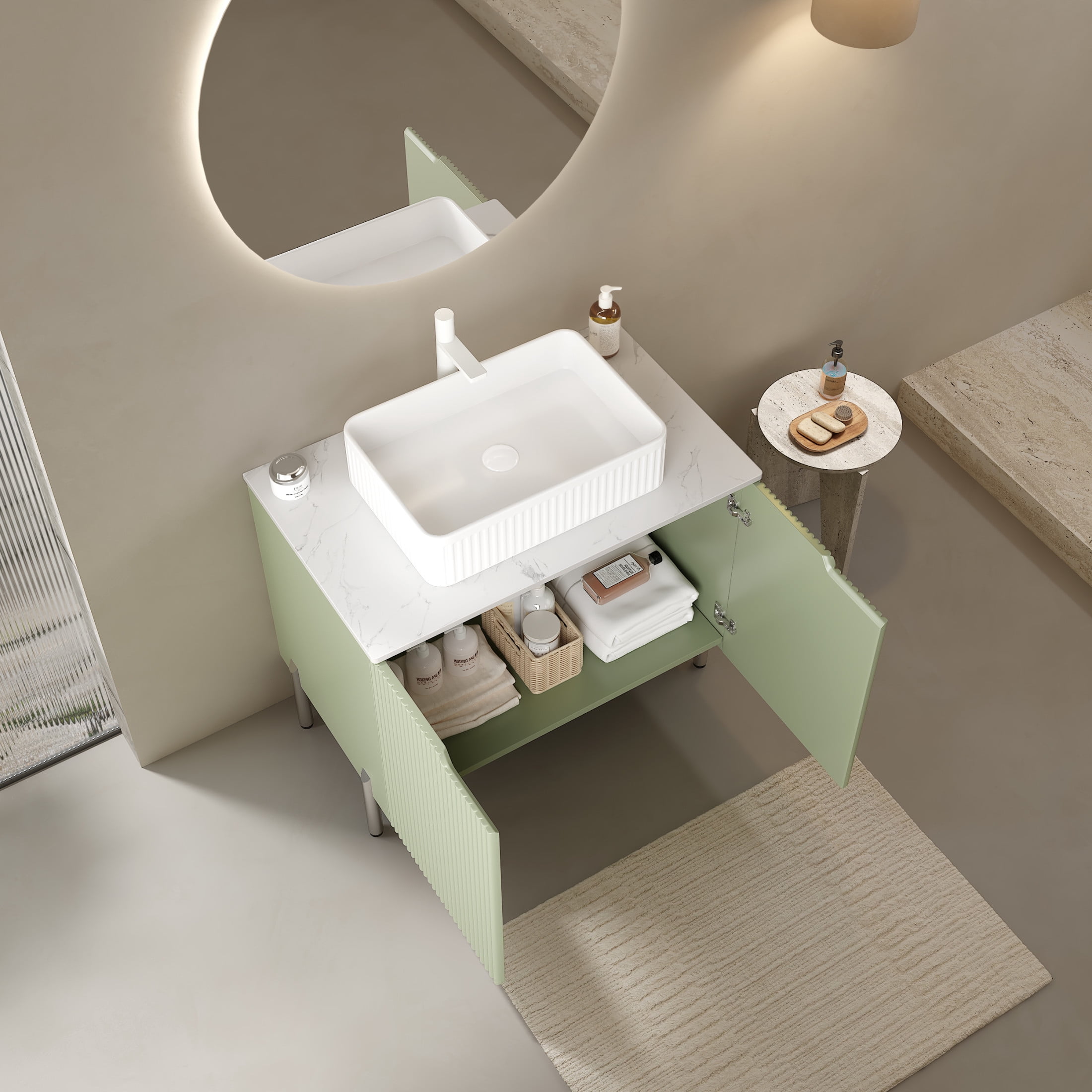 Noble House TURIO 30" Bathroom Vanity with Sintered Stone Countertop, Storage Cabinet, White Rectangle Basin, Light Green