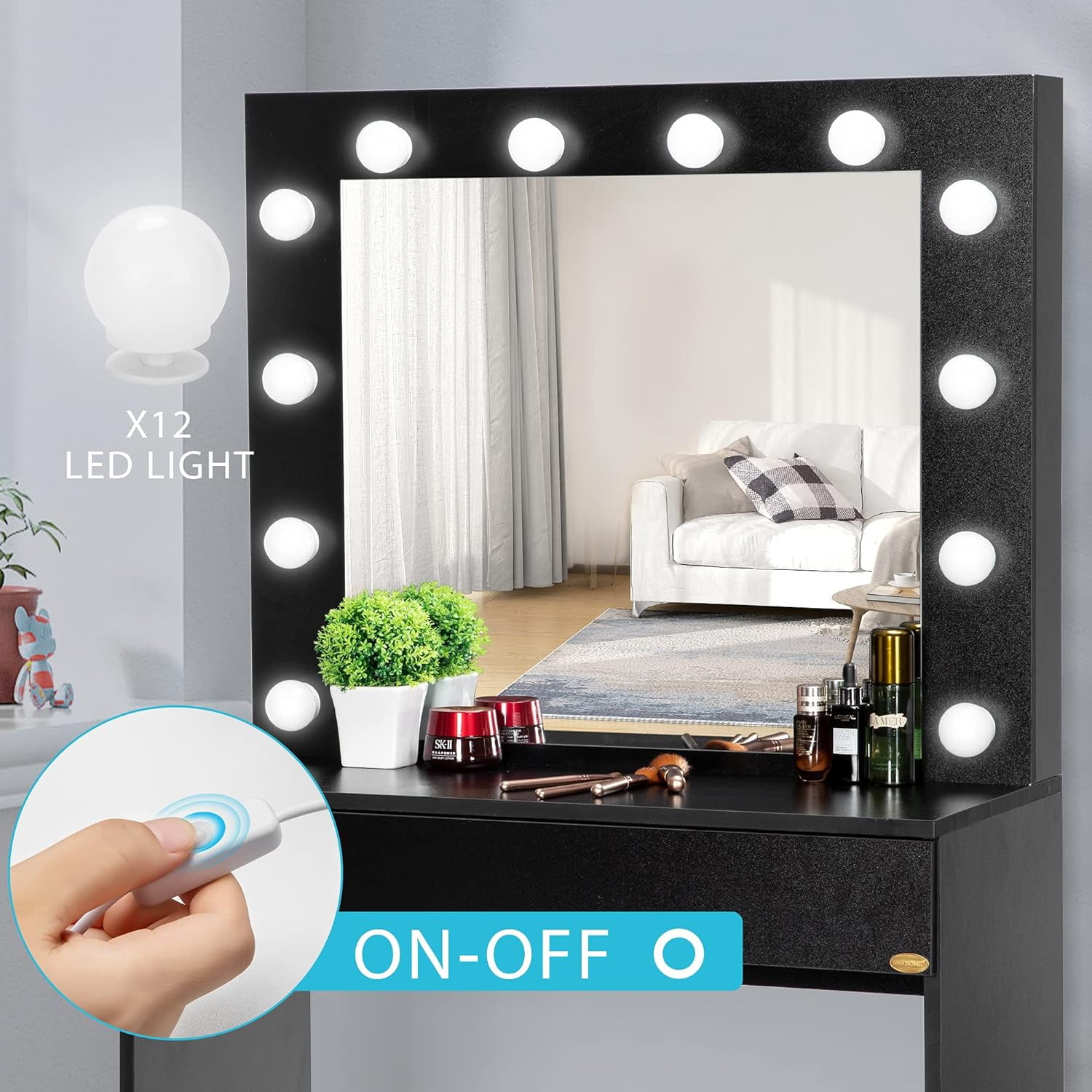 SPECSTAR Makeup Vanity Set with 12 Light Bulbs, Makeup Dressing Table with Lighted Mirror and Large Drawer, Black