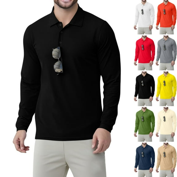Zimjoy Black Polo Shirts for Men UPF 50 Sun Protection Quick Dry Polo Shirt Lightweight Loose Fit V-Neck Henley Button Up Shirt Casual Breathable Long Sleeve Shirts, Black L