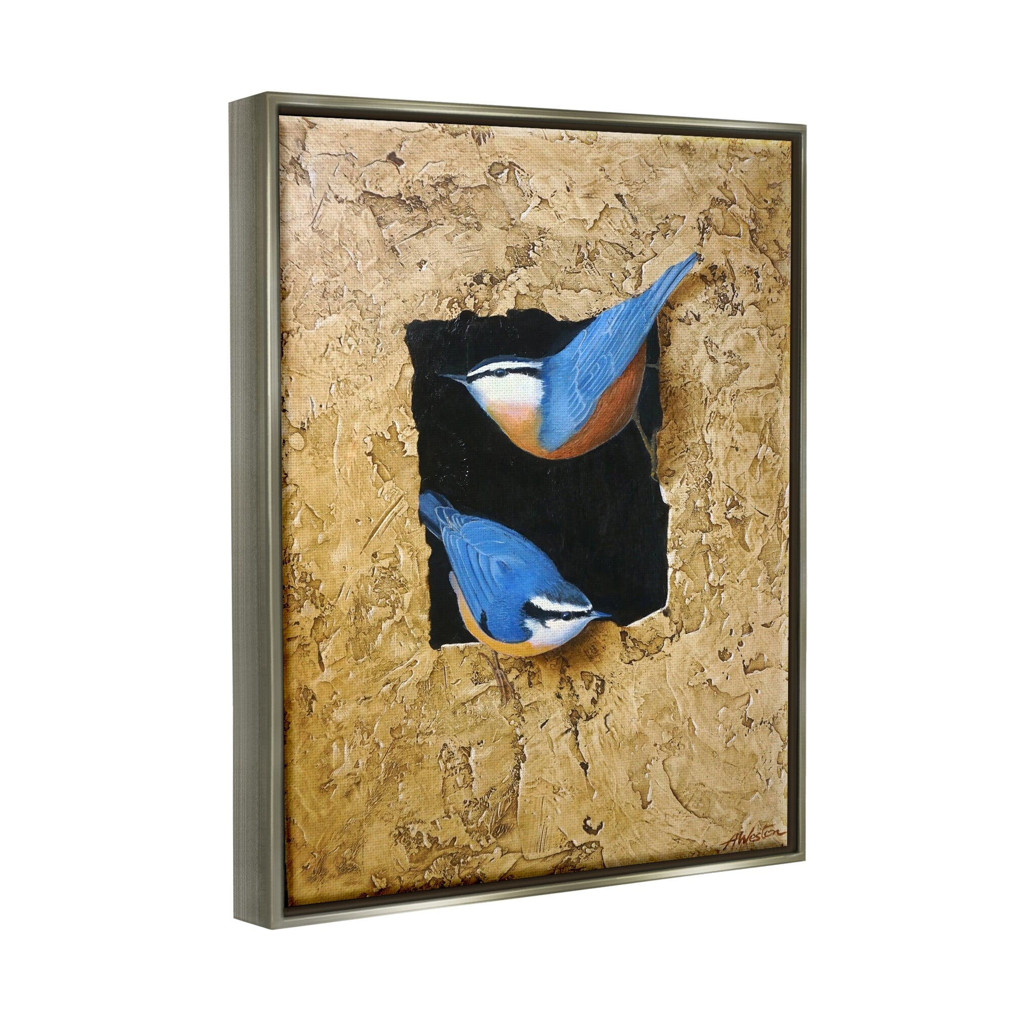 Stupell Industries Blue Bird Pair Perched Rough Layered Structure Painting Luster Gray Floating Framed Canvas Print Wall Art, Design by Alan Weston