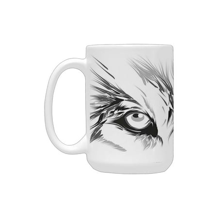 

Tattoo Decor Winter Time Animal White Wolf with its Eyes Looking Straight and Fierce White and Black Ceramic Mug (15 OZ) (Made In USA)